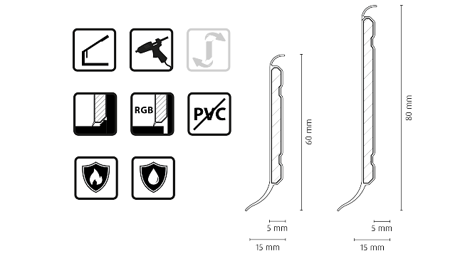 Symbolleiste mit Icons für Werkzeuge, Materialien und Eigenschaften: Bohrer, Anker, RGB, PVC und Wasserschutz. Rechts ist ein technisches Diagramm zu sehen.