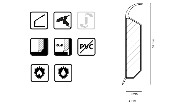 Symbole für Heimwerker: Bohrmaschine, Anker, RGB-LED, PVC-frei, Schutzzeichen, Rechteck. Schwarz-weiß Zeichnungen mit Fokus auf DIY und Materialien.