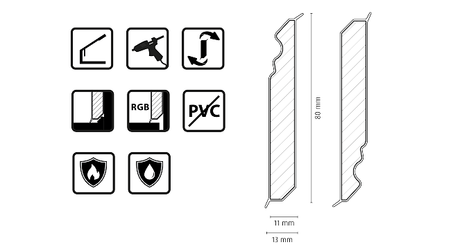 Symbols showing drill, RGB, PVC, and waterproof indicators next to a measurement scale on a black background.