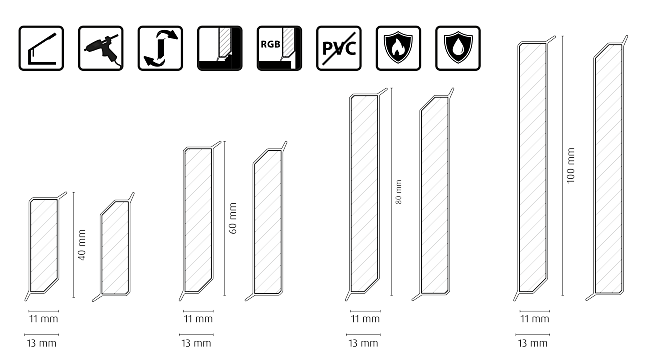 Technische Zeichnung mit Abmessungen von zwei rechteckigen Objekten. Das eine Objekt ist 90 mm hoch, beide Objekte haben abgeschrägte Kanten.