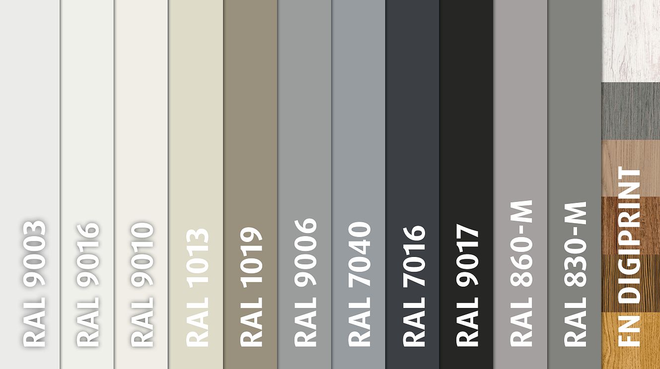 Eine Farbpalette zeigt mehrere RAL-Farben nebeneinander. Zu sehen sind Töne von Weiß über Beige und Grau bis zu dunklem Anthrazit und Schwarz.