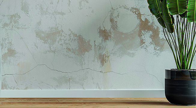 Interior scene with a textured wall, showing artistic distress patterns. A large green plant in a black pot rests on a polished wooden floor.