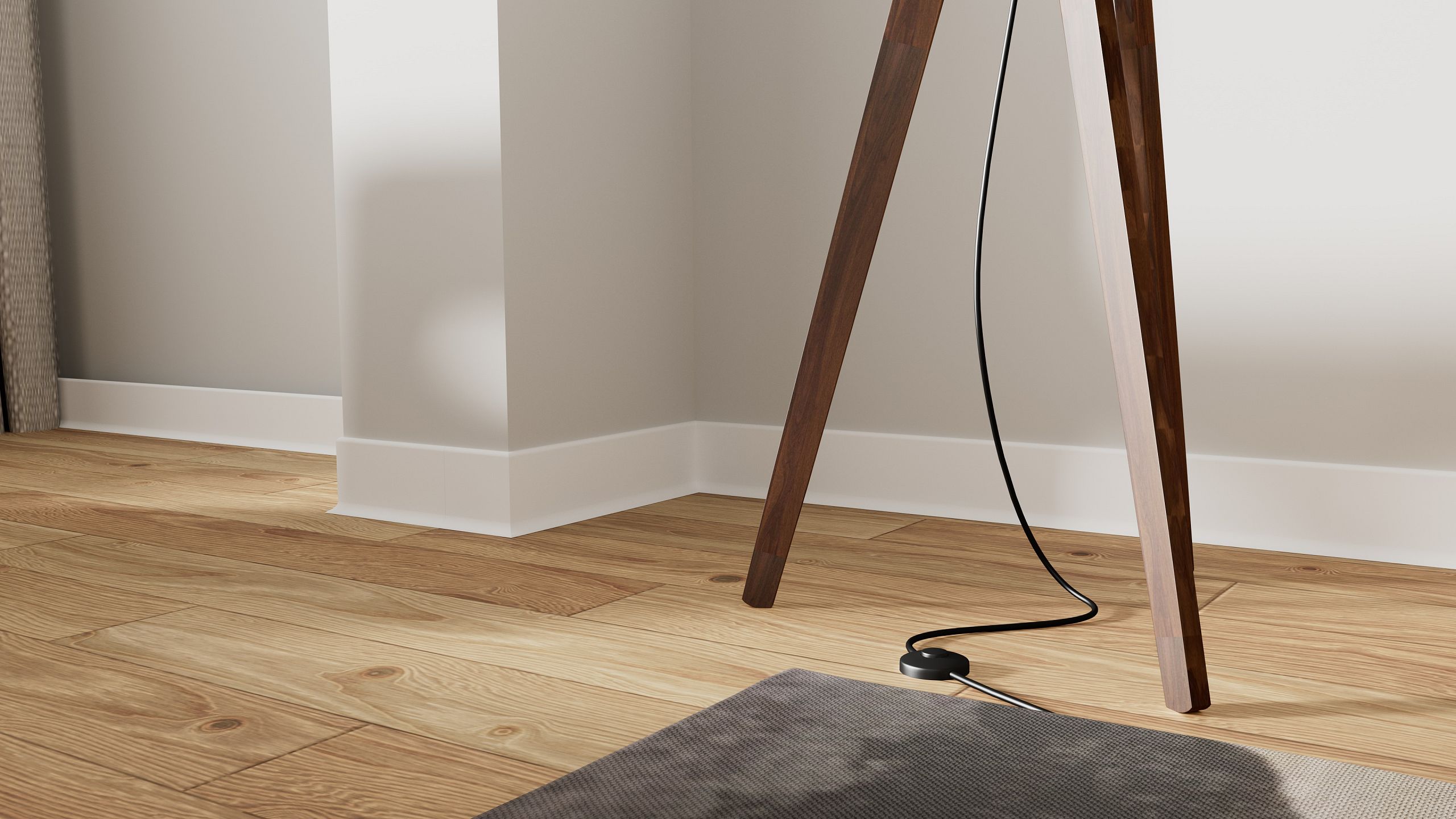 Ein minimalistisch eingerichtetes Zimmer mit einem Holzboden, einer hellgrauen Wand und einem Holzständer mit einem Kabel, das hinunter zum Boden führt.